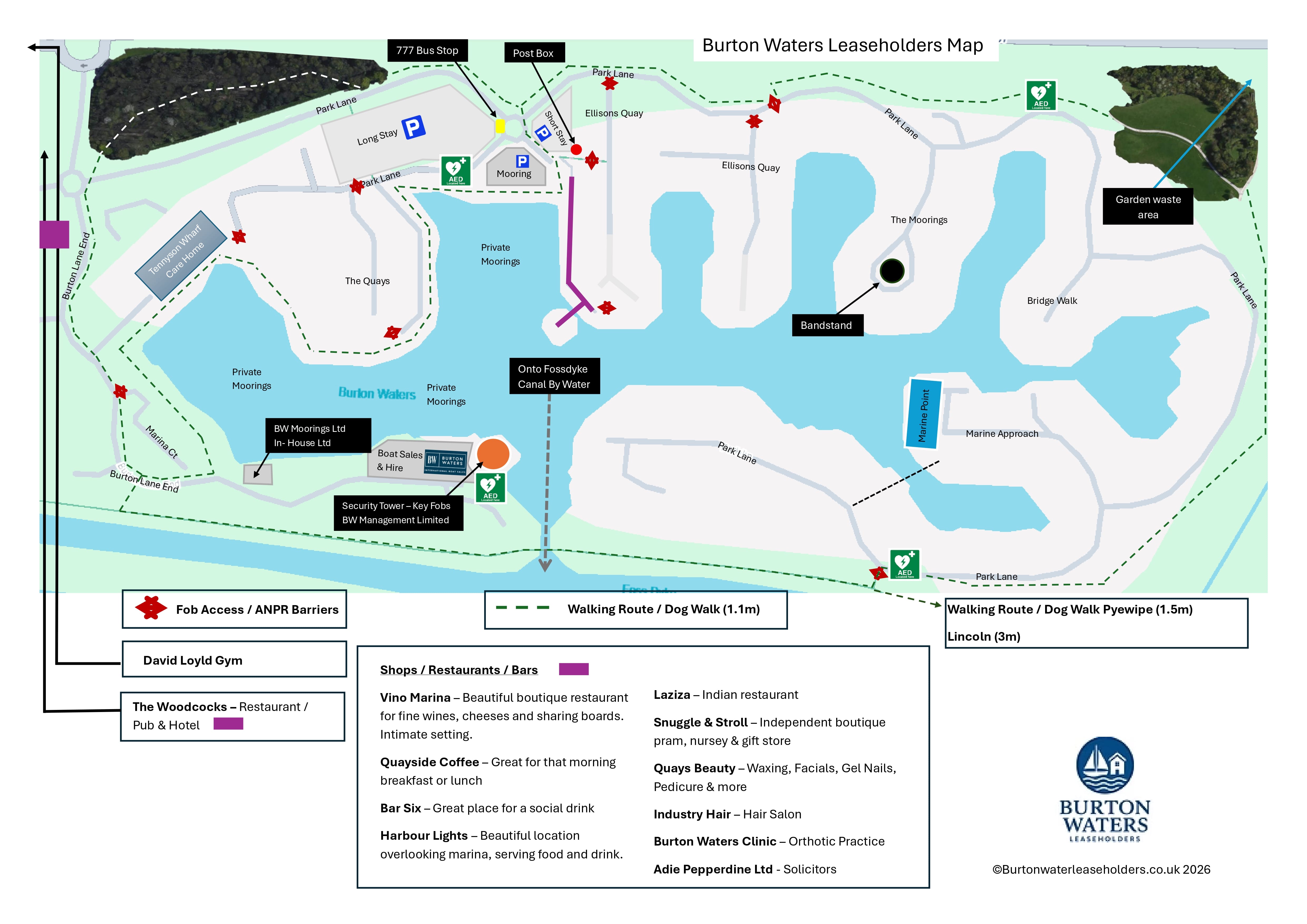 Burton Waters Leaseholders Map showing fob access and ANPR barriers, walking routes, parking, AED locations, shops, restaurants, bars, and marina landmarks.
